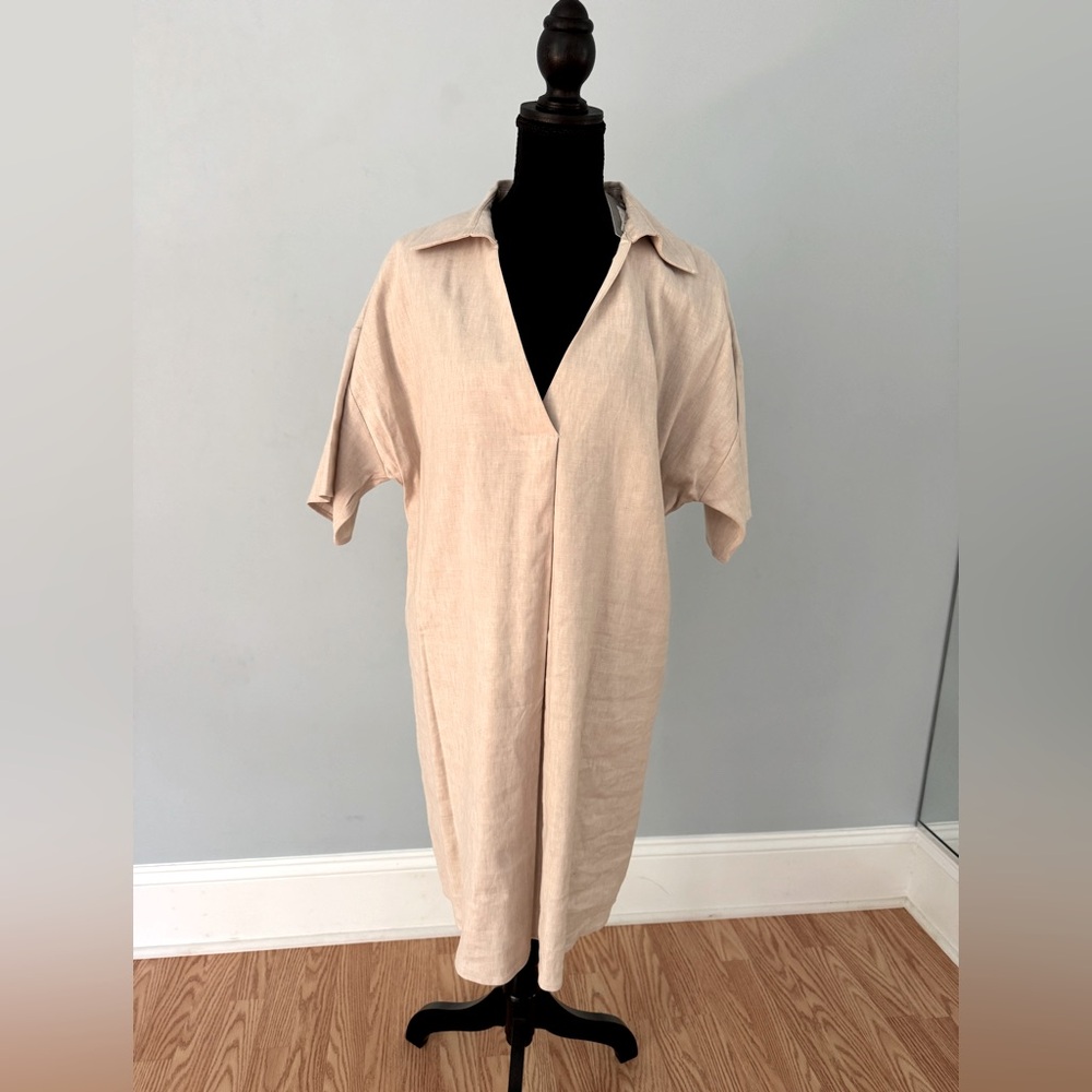Preston & York Beige Linen Midi Shirt Dress